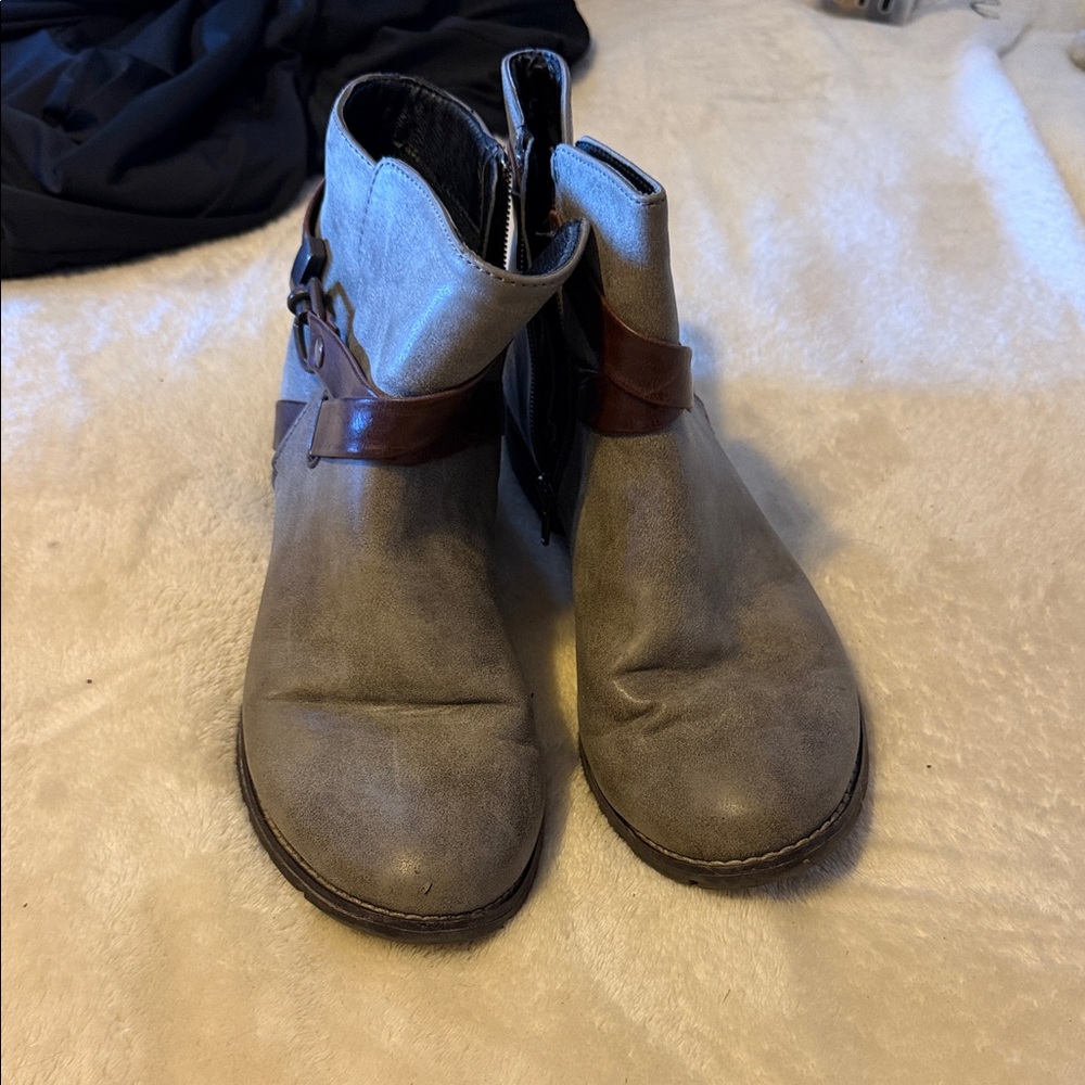 Sofft Gray Suede Ankle Boots with Brown Strap